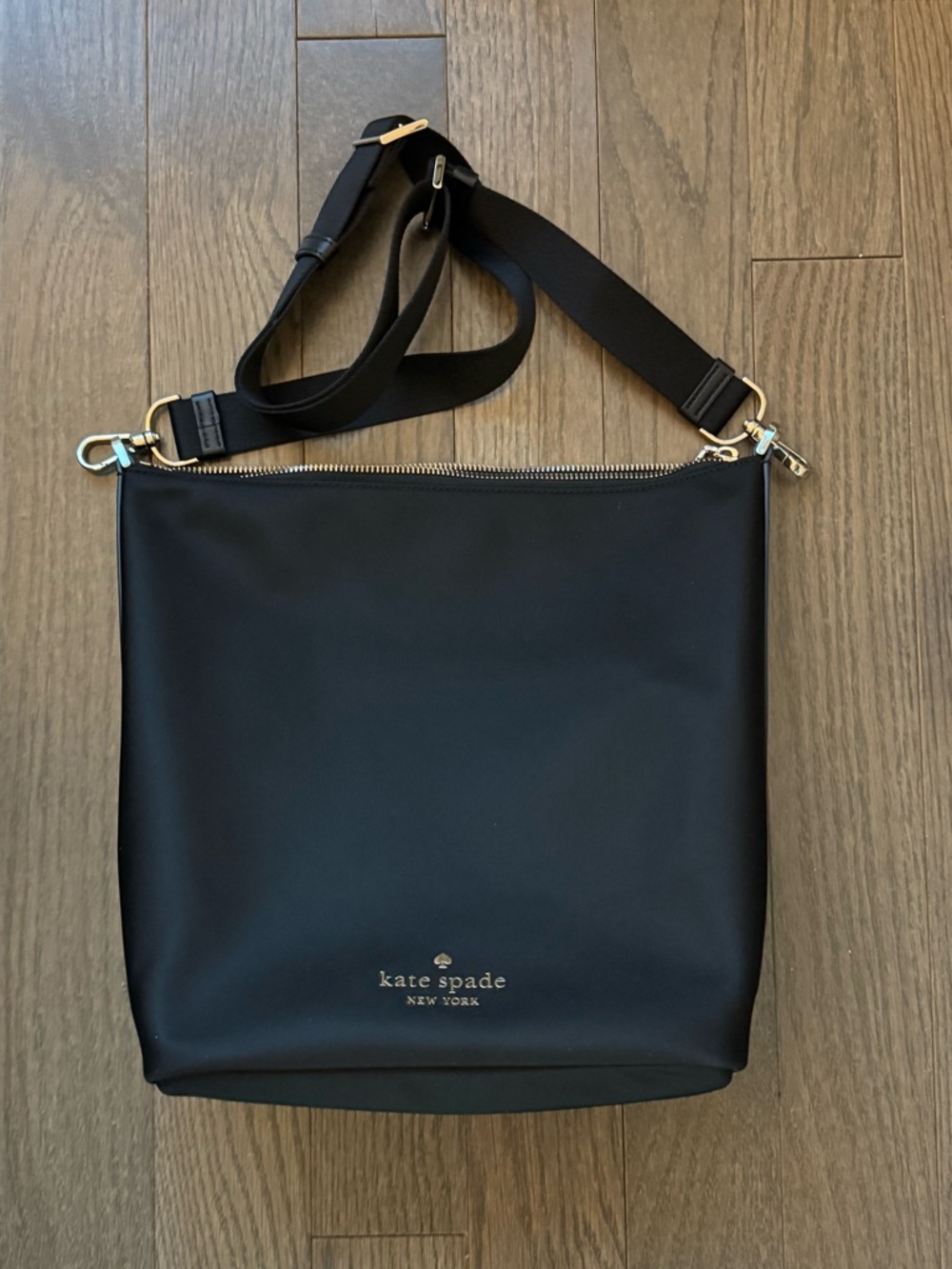 NWOT kate spade Black Crossbody Nylon Bucket Bag with Gold Hardware